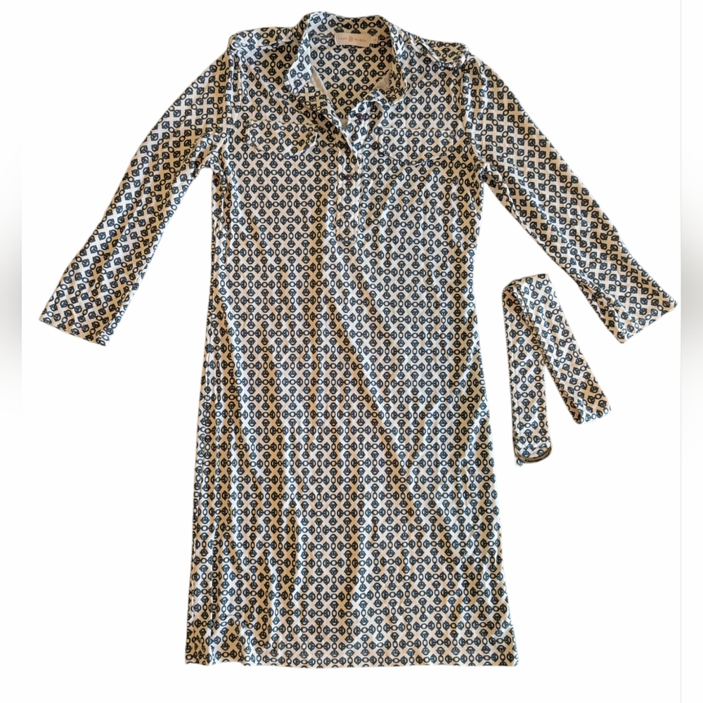 TORY BURCH Cream Green Printed Belted Midi Dress Womens Size Small